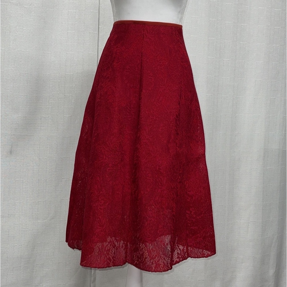 Women’s Red Skirt Lace Jacquard Pleated High Waist Floral Pleated A-Line NEW